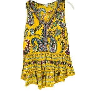 Patron of Peace Floral Print Women Sleeveless Casual Top Tank Blouse Yellow XS